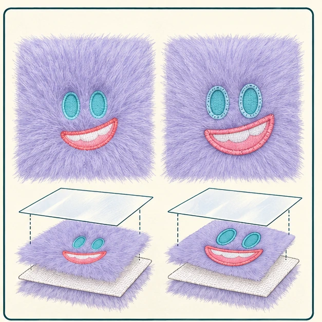 Matching turquoise eyes and coral smile in two lavender-pile face trials with separate support layers