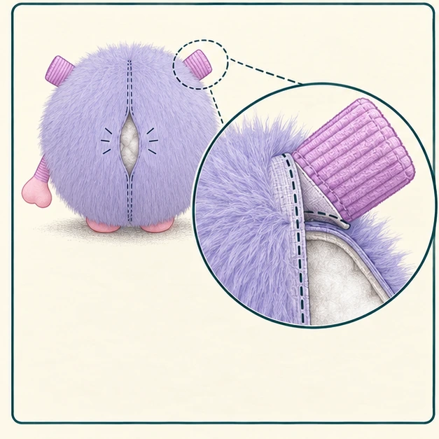 Horn-root seam detail and separate rear-center turning opening on the lavender shell
