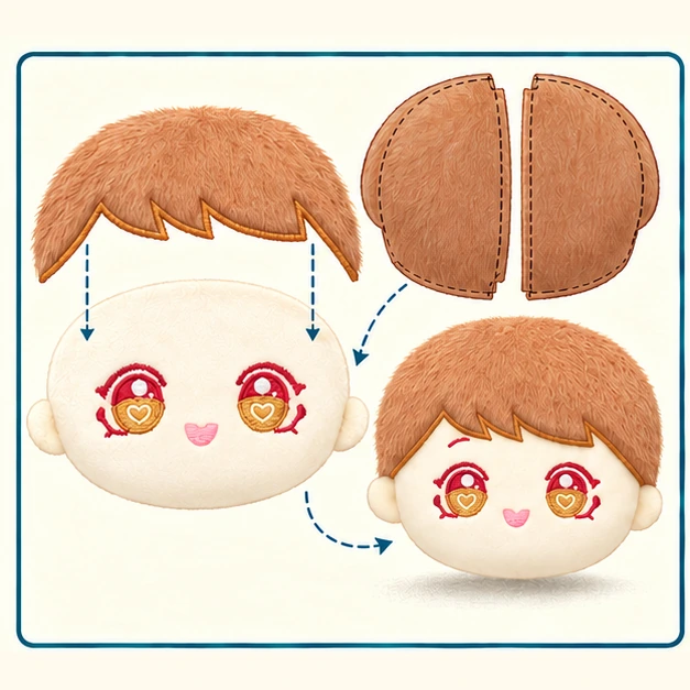 Brown-haired doll face panel with separate front fringe appliqué and rear hair panels, not a second floating full hair cap