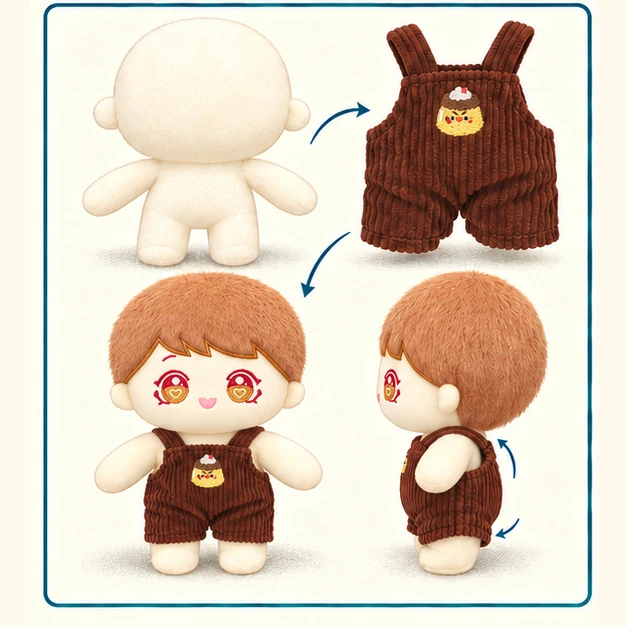 Brown overall bib straps and trouser components fitted around a single consistent soft doll body