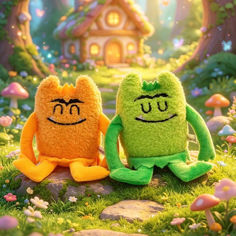 Pair of colorful expressive mascot plush references